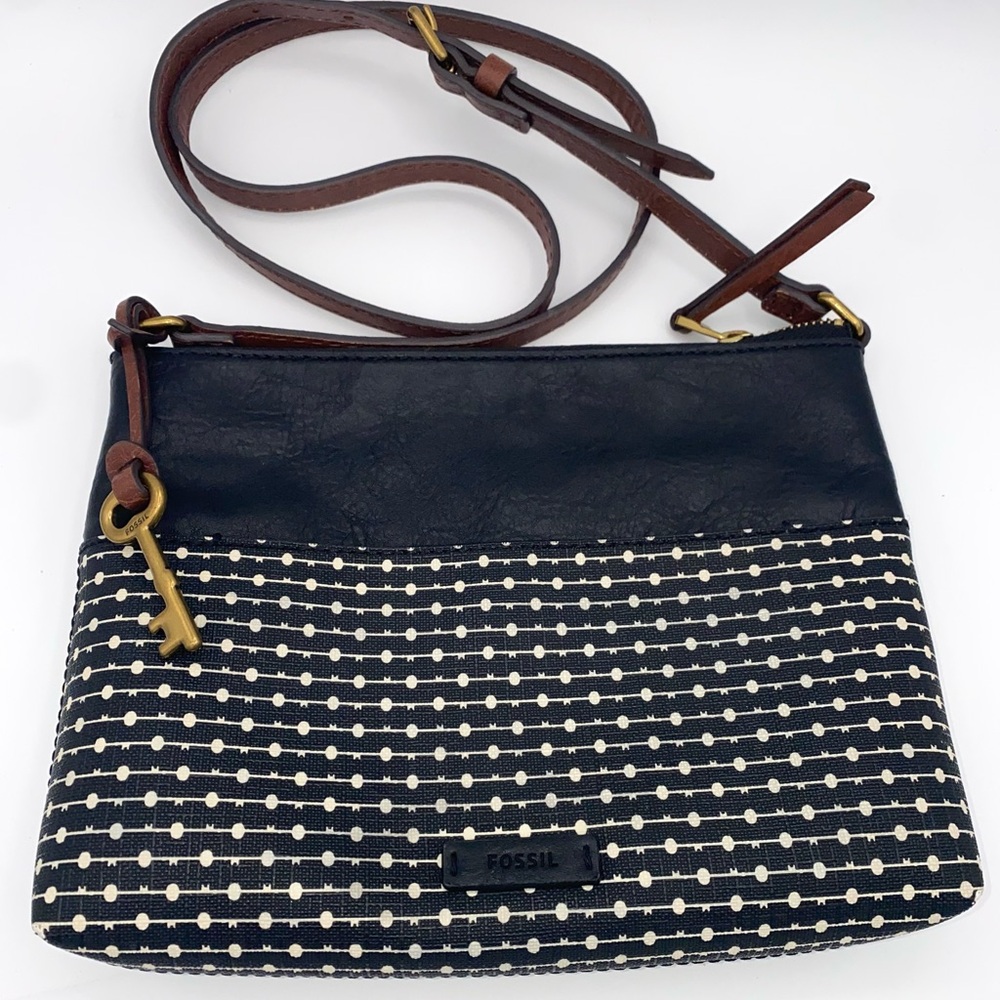 Fossil Fiona Striped Crossbody Black White Brown Geometric Key Shoulder Bag